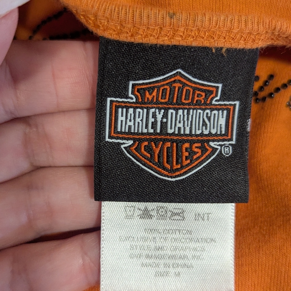 Vintage Y2K Harley-Davidson Women's Orange Top M Distressed Tee Bikercore 2000s - Picture 6 of 16